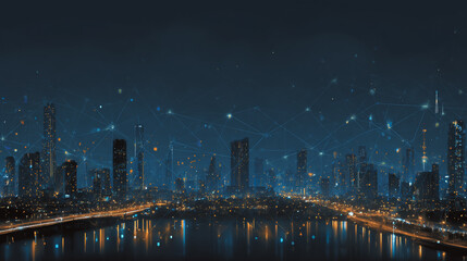 Fototapeta premium Twilight a city of modern business and smart digital innovation with a network of interconnected rewards over the cityscape of the future smart wireless digital city and social media network