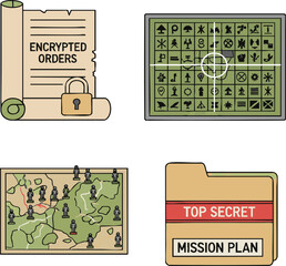 Military intelligence assets displayed as encrypted orders, radar screen, map with troop movements, and top secret mission plan folder depict strategic planning.