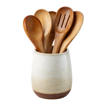 Wooden spoons in a ceramic crock isolated on transparent background
