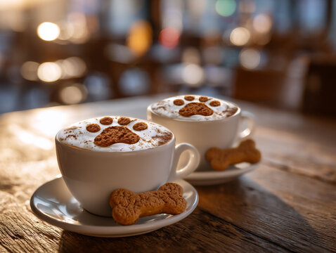 Delicious coffee with paw print art and dog bone treats in a cozy cafe setting