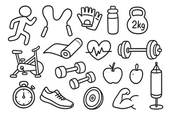 Fototapeta premium Fitness and exercise line icon set. health, gym equipment, wellness linear collection