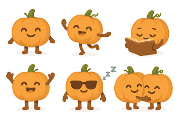 Fototapeta premium Pumpkin emotions flat icon set. halloween, pumpkin faces flat symbol collection