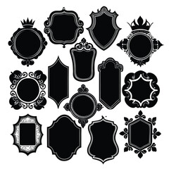 Collection of Decorative Black Ornate Frames and Emblems with Crown Motifs on White Background