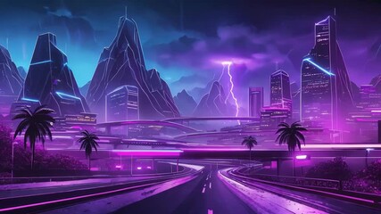 Retro 3D synthwave landscape of jagged mountains glowing neon valleys, tropical palm silhouettes foreground, glowing pink purple grid river 80s retro-futuristic vibe, 4K seamless animated motion - Powered by Adobe