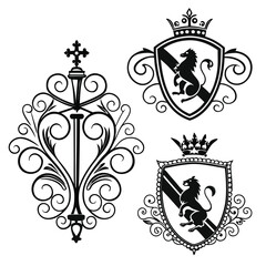 Collection of heraldic crests and decorative scrollwork featuring lions and crowns heraldry shield