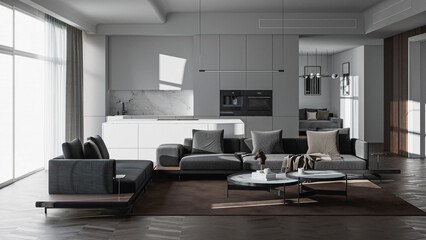 Minimalist modern apartment interior with cozy living room, marble kitchen wall, sleek contemporary furniture, soft daylight, and photorealistic 3D architectural visualization