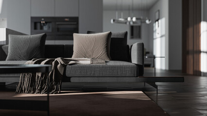 Minimalist modern apartment interior with cozy living room, marble kitchen wall, sleek contemporary furniture, soft daylight, and photorealistic 3D architectural visualization