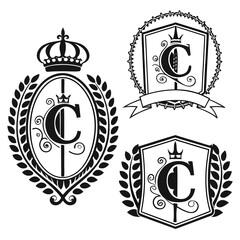 Collection of Three Black Silhouette Monograms Featuring the Letter C and Crowns crest