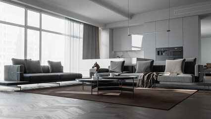 Minimalist modern apartment interior with cozy living room, marble kitchen wall, sleek contemporary furniture, soft daylight, and photorealistic 3D architectural visualization