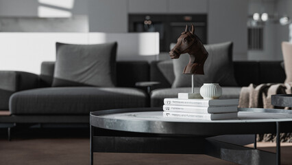 Minimalist modern apartment interior with cozy living room, marble kitchen wall, sleek contemporary furniture, soft daylight, and photorealistic 3D architectural visualization