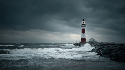 Red and white lighthouse on a rocky breakwater Crashing ocean waves under a stormy sky