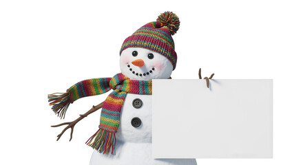 Snowman holding blank sign isolated on transparent background