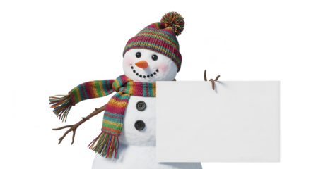 Snowman holding blank sign isolated on transparent background