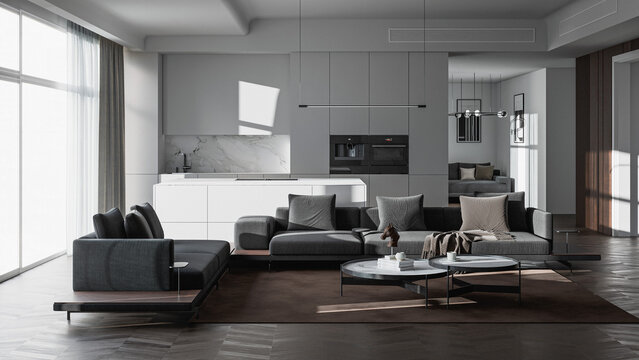 Minimalist modern apartment interior with cozy living room, marble kitchen wall, sleek contemporary furniture, soft daylight, and photorealistic 3D architectural visualization
