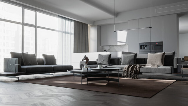 Minimalist modern apartment interior with cozy living room, marble kitchen wall, sleek contemporary furniture, soft daylight, and photorealistic 3D architectural visualization