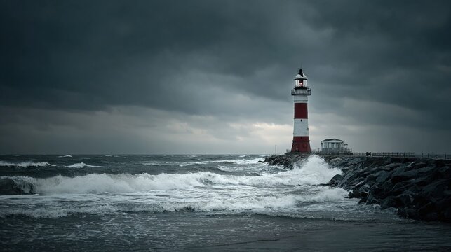 Red and white lighthouse on a rocky breakwater Crashing ocean waves under a stormy sky