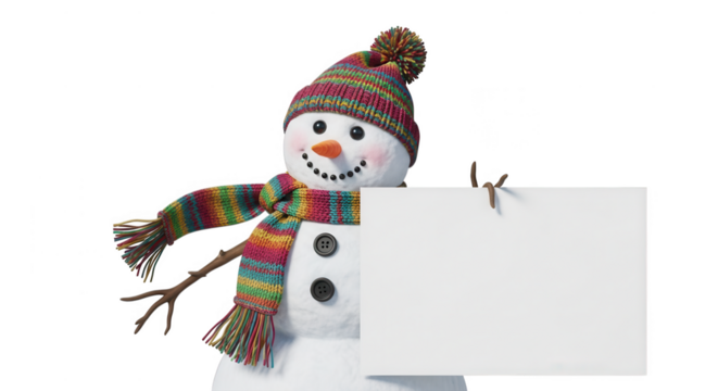 Snowman holding blank sign isolated on transparent background - Powered by Adobe