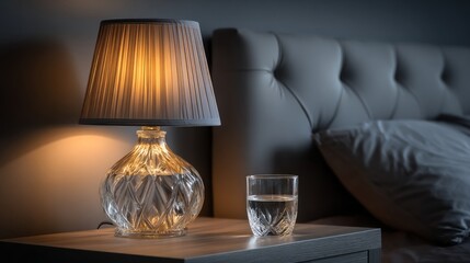 Fototapeta premium A lamp is lit up on a nightstand next to a glass of water