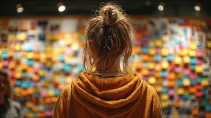 Content strategist cropped shoulders down organizing sticky notes on glass wall face not visible