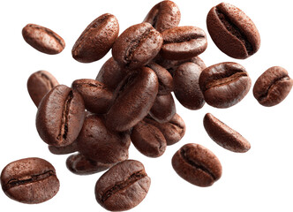 Obraz premium Floating Aroma: A Cascade of Coffee Beans Against a Clear Backdrop