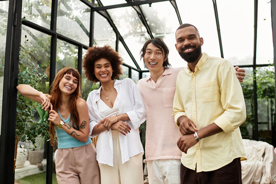 Joyful friends enjoying a sunny day at a vibrant outdoor cafe filled with laughter and connection - Powered by Adobe