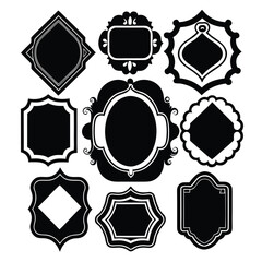 Nine Black Silhouettes of Diverse Ornate and Geometric Frames and Labels on a White Background