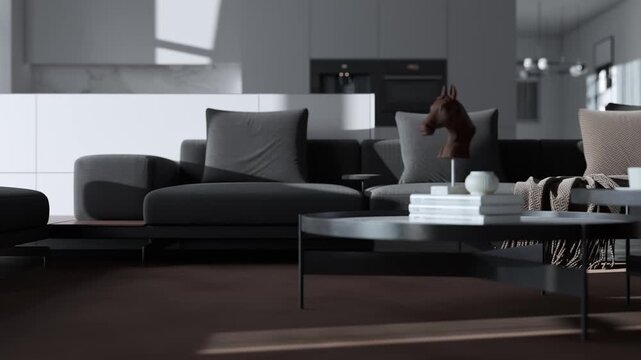 Cinematic 4K animation of contemporary living room and open kitchen with elegant furniture, neutral tones, and soft daylight &ndash; realistic 3D architectural visualization