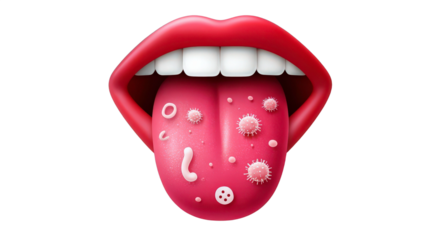 Close-up View of Cartoonish Mouth with Red Lips and Tongue Surrounded by Microbes and Bacteria Representations for Health and Hygiene Concept