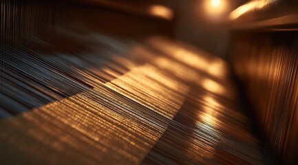 Golden woven fabric on loom with warm sunlight shining through, highlighting dazzling golden threads in close-up. Ideal for textile art and design projects showcasing craftsmanship.