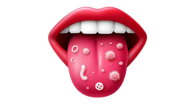 Close-up View of Cartoonish Mouth with Red Lips and Tongue Surrounded by Microbes and Bacteria Representations for Health and Hygiene Concept