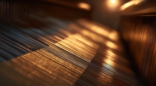 Golden woven fabric on loom with warm sunlight shining through, highlighting dazzling golden threads in close-up. Ideal for textile art and design projects showcasing craftsmanship.