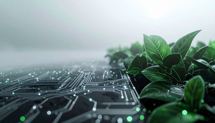 Dynamic Ai with digital and neon colors and peaceful aesthetic featuring organic vines growing through circuits in soft morning fog