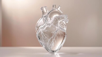 A delicate, perfectly formed anatomical heart rendered as if made of clear, crystalline glass with subtle internal reflections and refractions of light