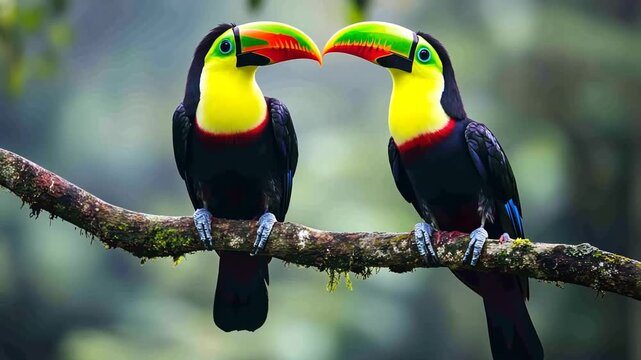 Colorful toucans on branch