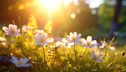 A radiant sunset illuminates a field of delicate white flowers, bathed in golden light and cheerful ambiance.
