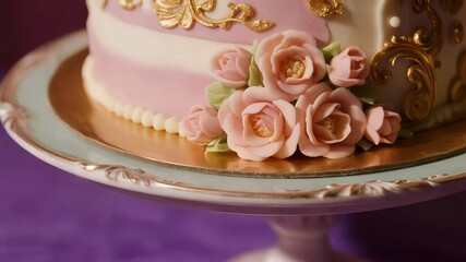 Fototapeta premium Two-Tone Cake with Handmade Sugar Roses and Gold Patterns on Light Blue Stand