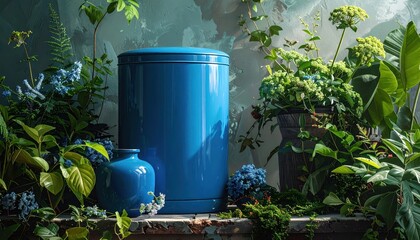 Vibrant blue cylinder vase and small pot sit amidst lush greenery, creating a tranquil garden scene.