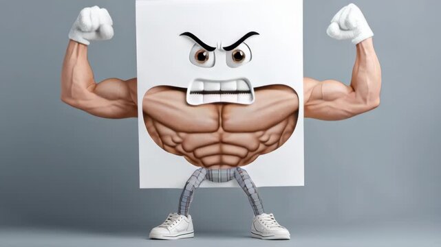 Cartoon character with a big fist and a big smile. The character is angry and has a big muscle