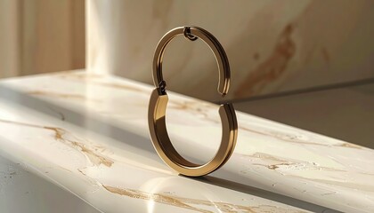 A sophisticated gold-toned key ring rests elegantly on a marbled surface, showcasing its intricate design and subtle reflections.