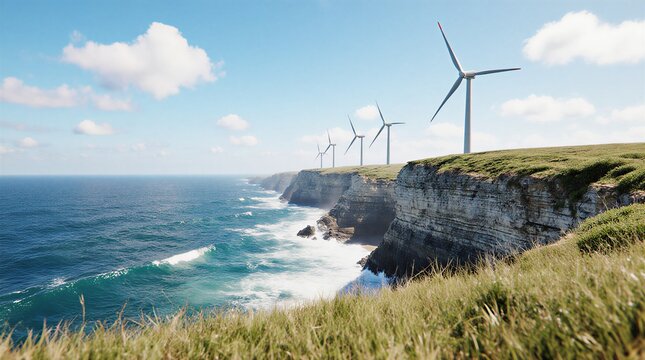 wind turbines on grassy cliffs overlooking the vast atlantic ocean on a sunny day | environment, renewable energy, sustainability, travel, nature theme