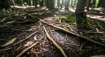 Forest floor with fallen leaves, twigs, and moss on tree trunks