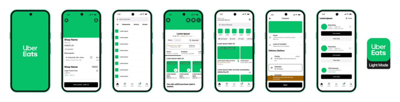 Uber Eats mobile app light mode interface showing restaurant menus, food categories, checkout process, and delivery options on smartphone UI.