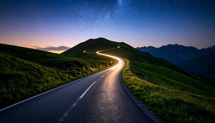 Driving on Mountain Road at Night with Starry Sky and Car Light Trails