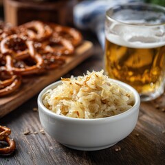 Bowl of sauerkraut with crispy pretzels and a glass of beer on a rustic wooden table, showcasing traditional snacks and a cozy atmosphere for gatherings