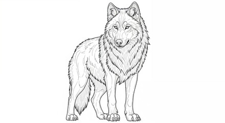 Fototapeta premium Standing wolf illustration in black and white line art style