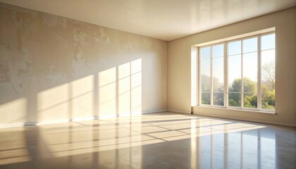 An empty room bathed in morning sunlight, showcasing a large window with a tranquil view.