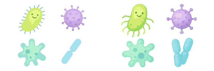 Colorful set of friendly microscopic organisms, including various bacteria, viruses, and amoeba shapes for science and health concepts