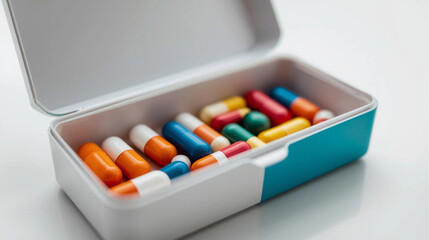 Close-up of assorted prescription capsules in a travel container representing healthcare, medical therapy, and wellness, A collection of multi-colored medication inside a pillbox, healthy lifestyle 
