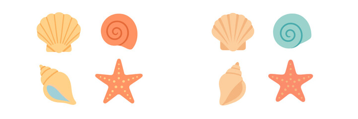 Vibrant assortment of colorful seashells and starfish in a clean flat design representing marine life and ocean elements