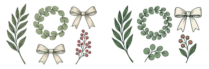 Botanical elements collection with eucalyptus leaves, green branches, elegant bows, and vibrant red berries for festive designs © icon_art